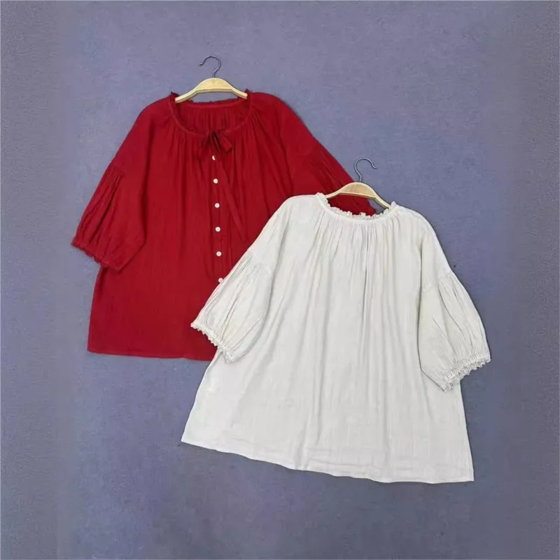 Женские винтажные рубашки в стиле мори Johnature Свободный Топ с коротким рукавом