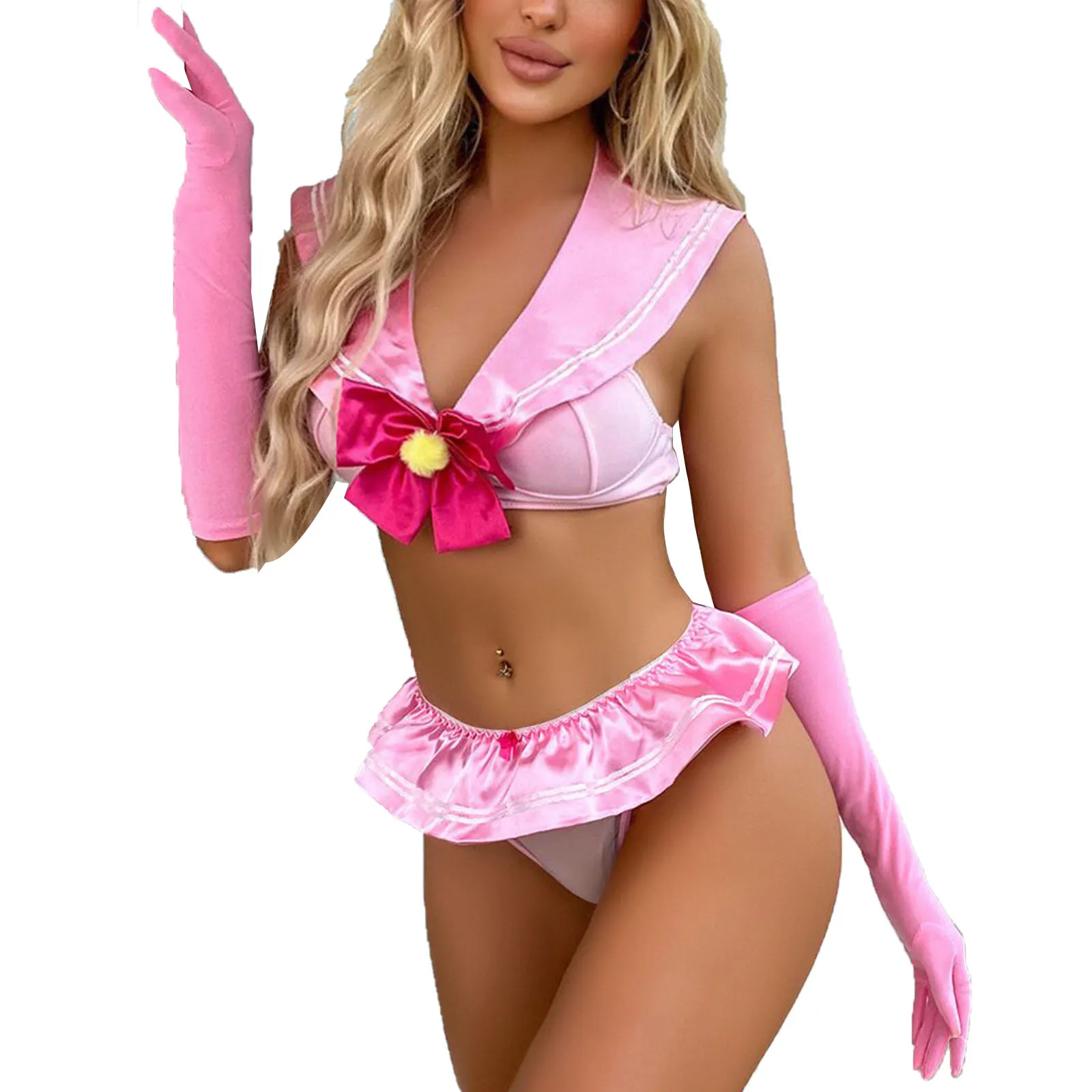 

Women Schoolgirl Role Play Costume Anime Cosplay Outfit Lingerie Nightwear Sailor Collar Bowknot Bra Top Mini Skirt Thong Gloves