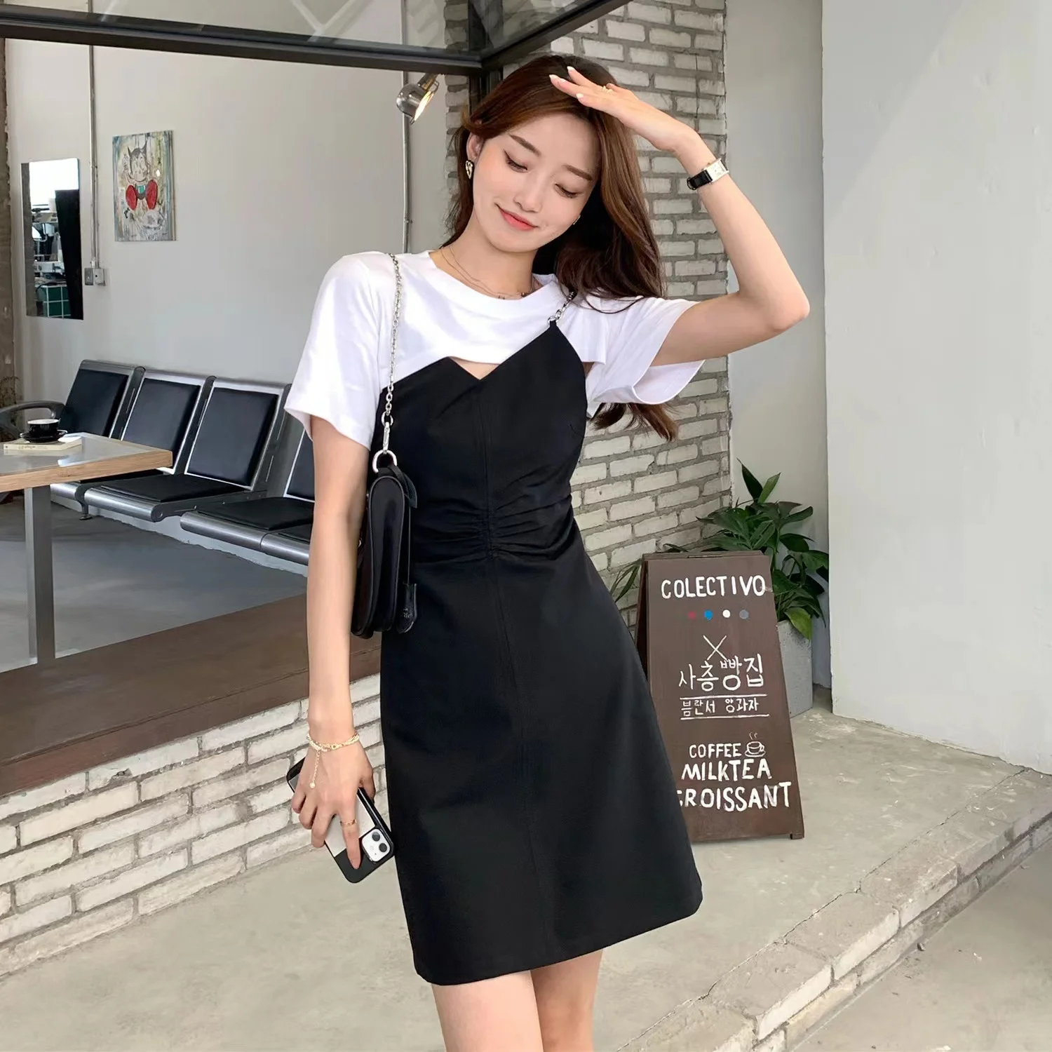 

M-3XL Faux Two-Piece Patchwork Women Dress Petal Chain Ruched Waist 2022 New Summer Slim Sexy Female Mini Dresses Streetwear