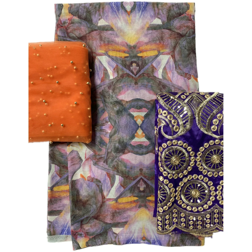 

2+5+2 yards African Lace Fabric High Quality Cotton Fabric Match George Lace And Scarf Set