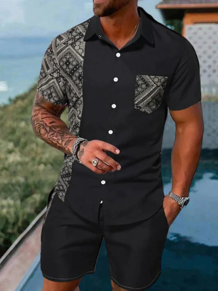 Summer Men Short Sleeve Shirt 2-Piece Set Luxury Hawaiian Loose Retro Male Tracksuit Street Beach Lapel Button-Down Tops