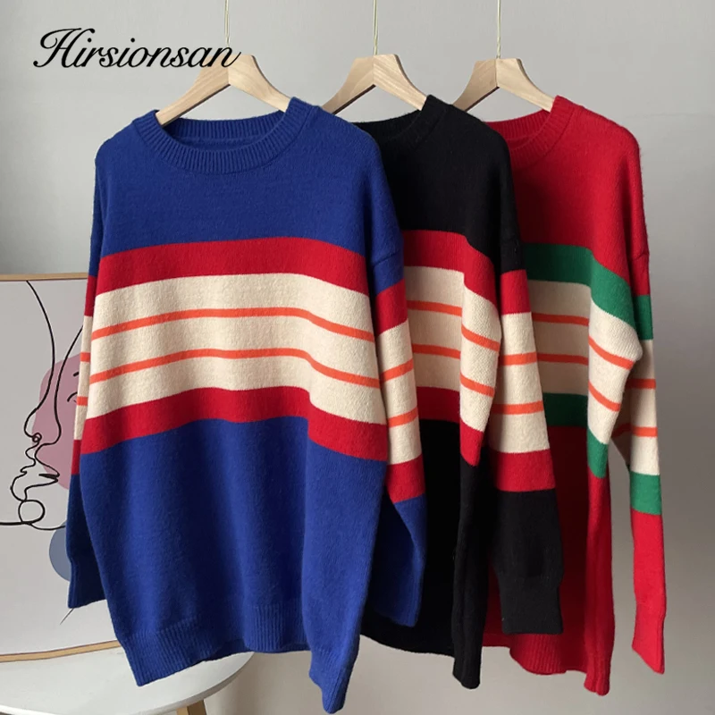 

Hirsionsan Loose Striped Patchwork Sweater Women New Winter Oversized Vintage Ladies Cashmere Pullovers Warm O Neck Jumper 2023