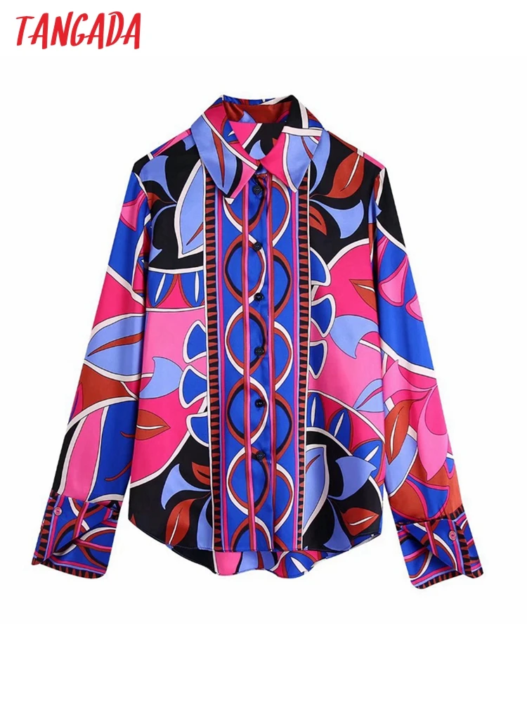 

Tangada 2022 autumn women Geometry print shirt blouse long sleeve chic female office lady tops BE511