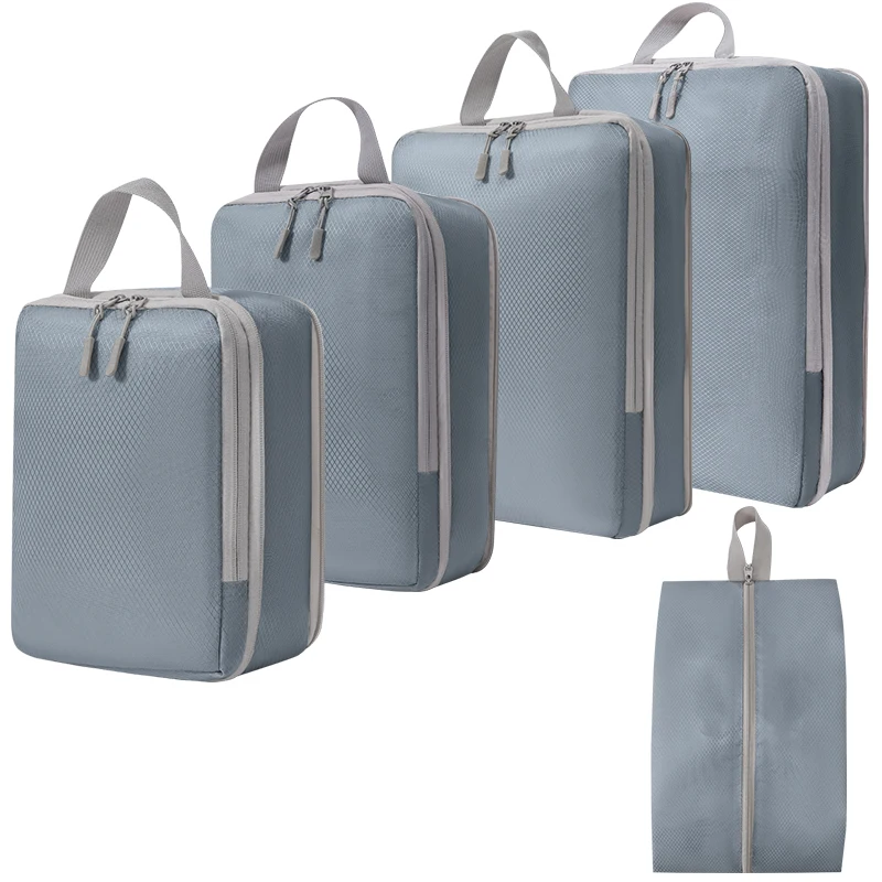 5PCS Compressed Packing Cubes Travel Storage Set Mesh Visual Luggage Organizer With Shoe Bag Portable Lightweight Suitcase Bag