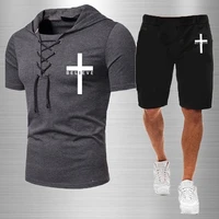 mens versatile trend i believe in christian jesus print street sports short sleeve suit drawstring short sleeve summer suit