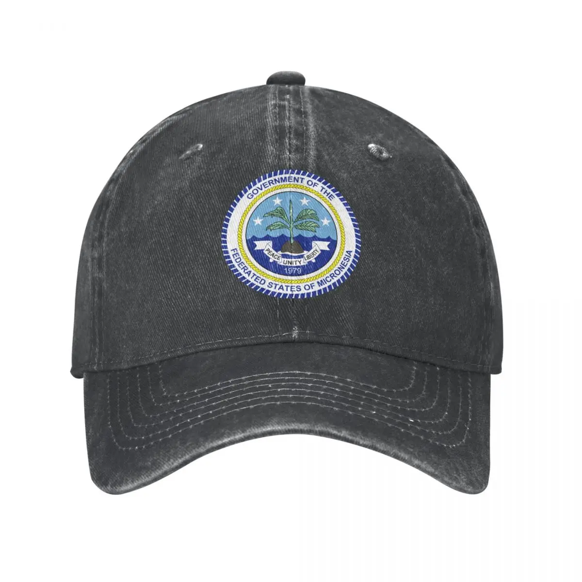 

Men Baseball Cap Federated States Of Micronesia Emblem Charcoal Washed Denim Classic Vintage Cotton Dad Trucker Hat Unisex Adult