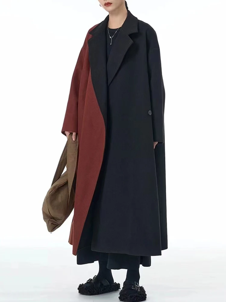 [EAM] Оранжевое длинное шерстяное пальто большого размера с цветными блоками новая