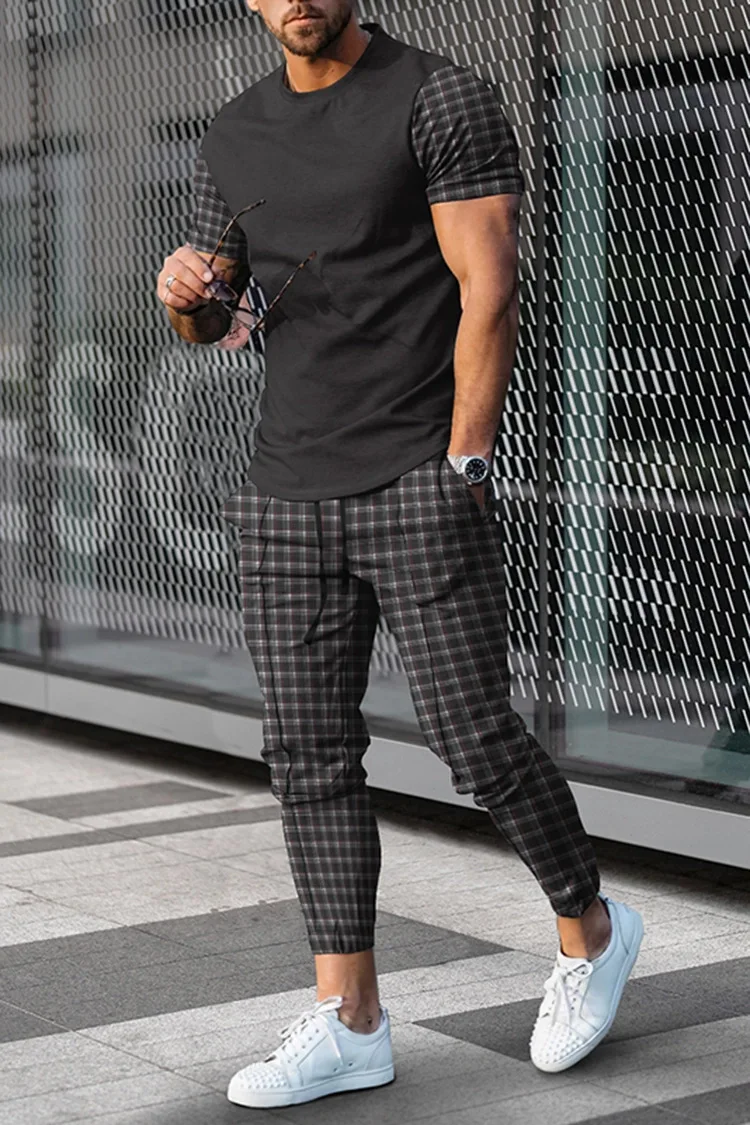 New Summer Men 2 Piece Sets Tracksuit Fashion Short Sleeve T Shirt Striped grid Style 3D Printed T Shirts Men Suit Clothing 2023