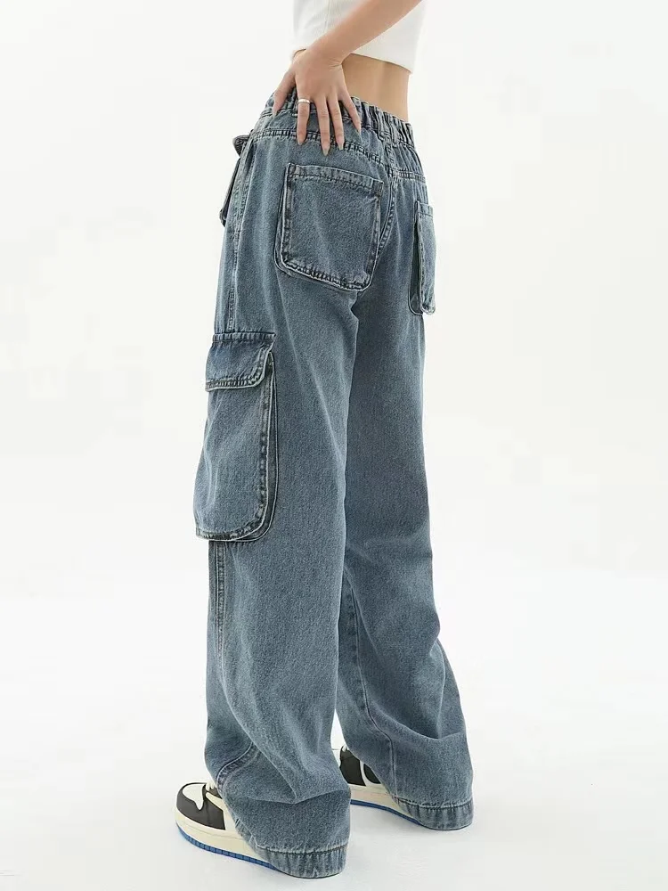 ADAgirl Blue Women Cargo Pants Y2k Vintage Oversize Low Waist Ladies Jeans 90s Streetwear Hip Hop Straight Causal Bottoms 2023