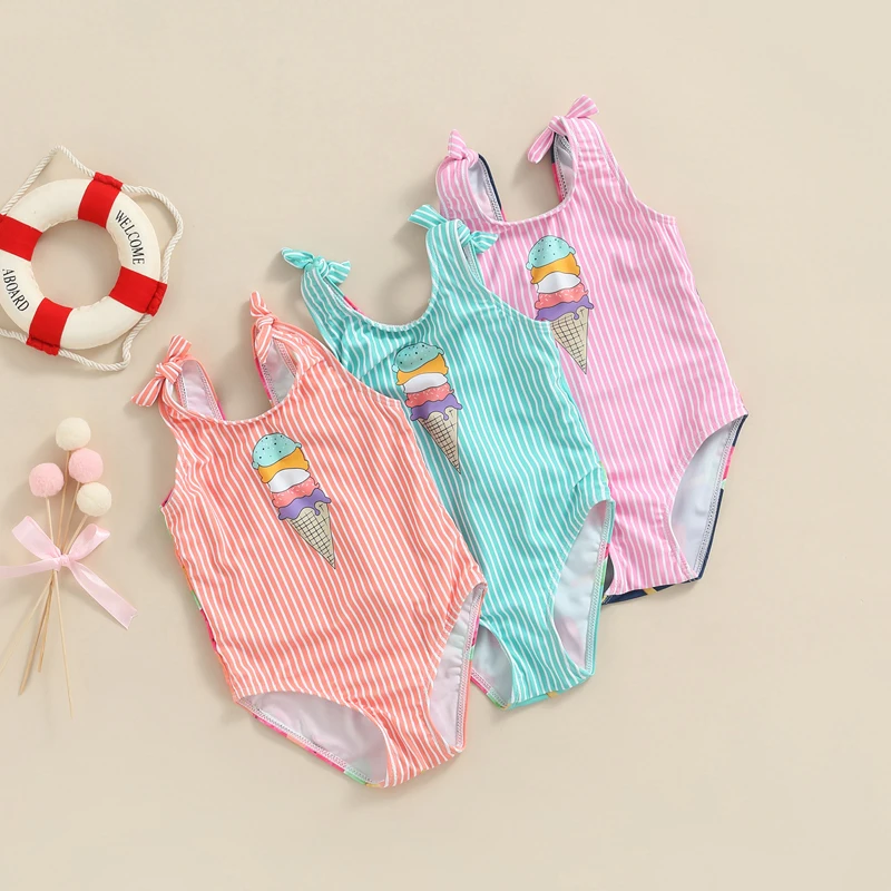 

Kid Girl Sleeveless Swimming Romper Stripe Pattern Ice Cream Printed Swimwear Crew Neck Patchwork Beach Baby Clothing