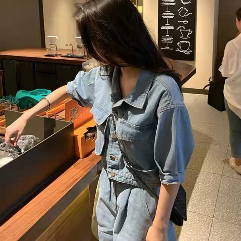 Women Two-piece Suit Set 2023 Spring New Style Street Fashion Denim Double Pocket Jacket Coat and Jeans Shorts Sweet Streetwear