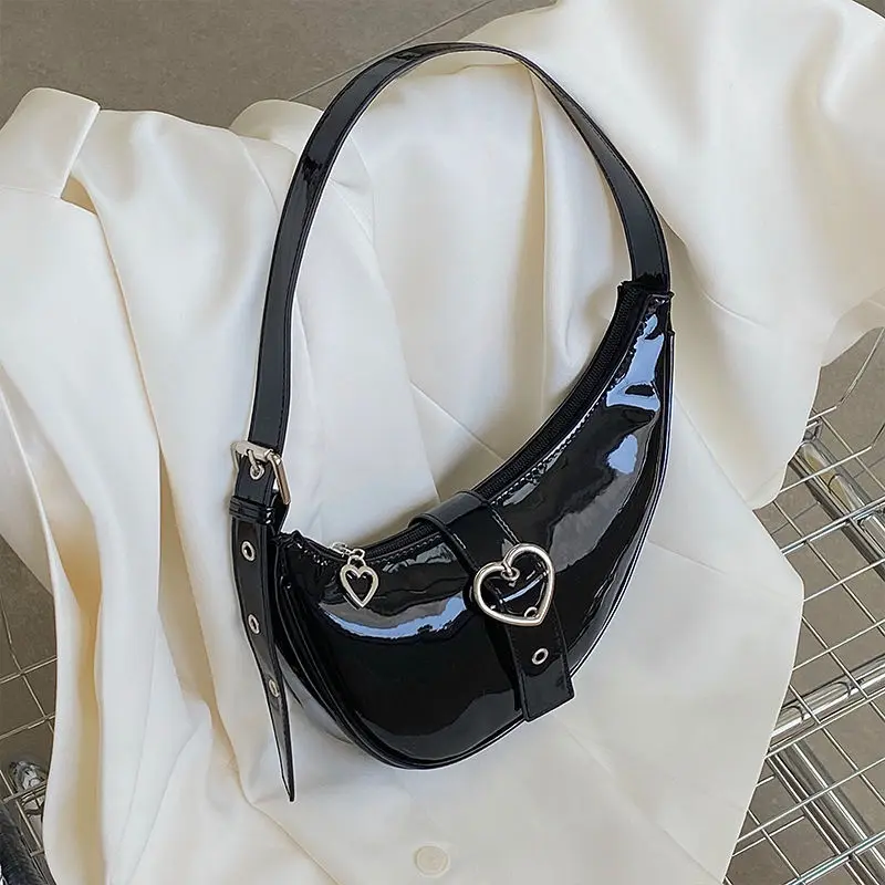 2023 new crescent armpit bag single shoulder handheld love patent leather senior versatile solid color zipper women's bag