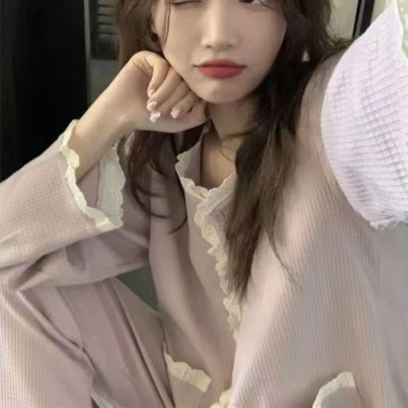 Пижамные комплекты женские фиолетовые с милыми оборками свободная удобная