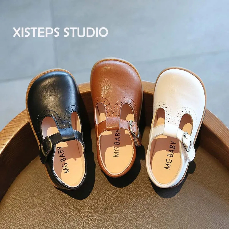 

XISTEPS Soft Leather Shoes for Children Girls Boys Black White Brown Mary Janes Anti-slip Baby Footwear School Shoes for Girls