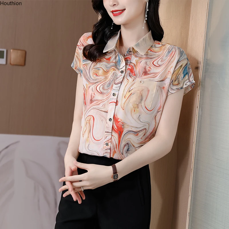 

Атласные женские блузки, новинка, Повседневная рубашка-поло, ручная роспись, летний модный топ с коротким рукавом