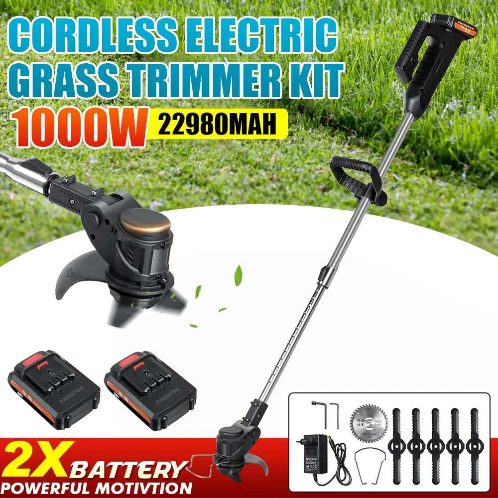 

1000W Electric Grass Trimmer Powerful Trimmers Brush Cutter Lawn Mower Cordless Cutting Machine Garden Tools with 2Pcs Battery