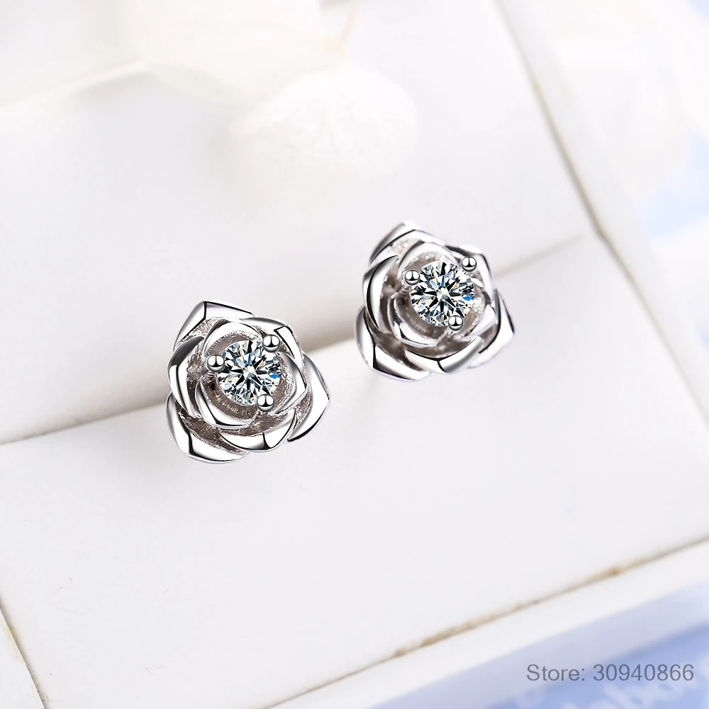 Купи Classic 925 Solid Sterling Silver Round Cut Created Moissanite Gemstone Rose Flower Ear Stud Earring Fine Jewelry Brincos Mujer за 216 рублей в магазине AliExpress