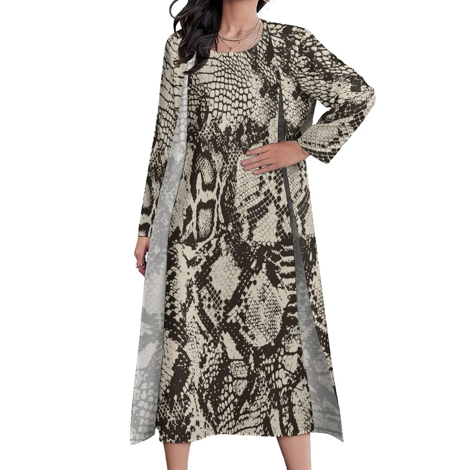 

Vintage Snakeskin Dress Two-Piece Snake Skin Print Animal Korean Fashion Casual Long Dresses Female Night Club Maxi Dress Gift