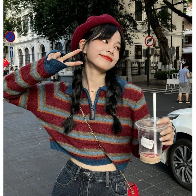 

Укороченный свитер в полоску, женская уличная одежда в Корейском стиле, пуловер оверсайз с воротником-поло, джемпер, Женский винтажный Вязаный топ в стиле преппи
