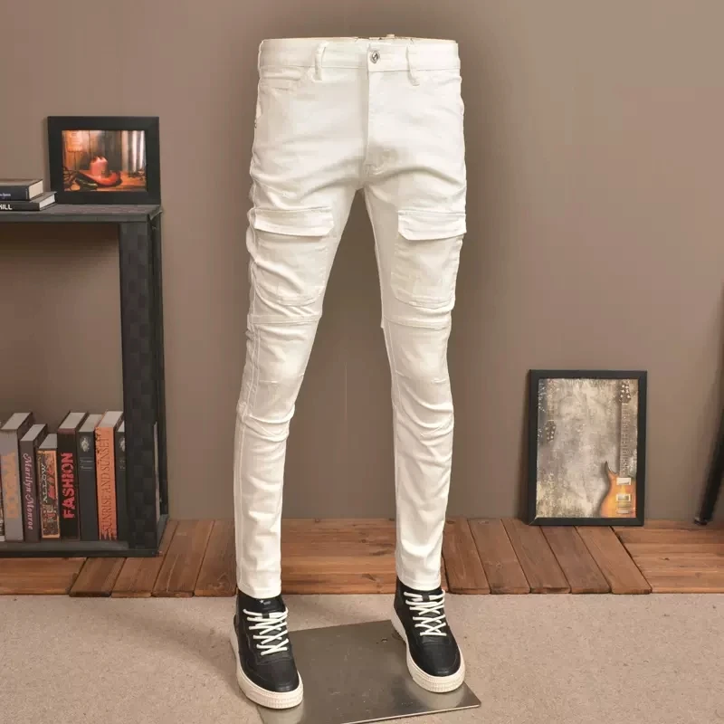Street Fashion Men Jeans White Elastic Skinny Fit Spliced Biker Jeans Homme Pockets Designer Hip Hop Pants Men Stretch Trousers