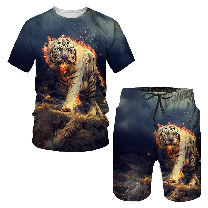 Funny Tiger Print T Shirt For Men Short Pants 2 Piece Sets Summer Hip Hop Trend Short Sleeve Tees 3D Animal Harajuku Sports Tops