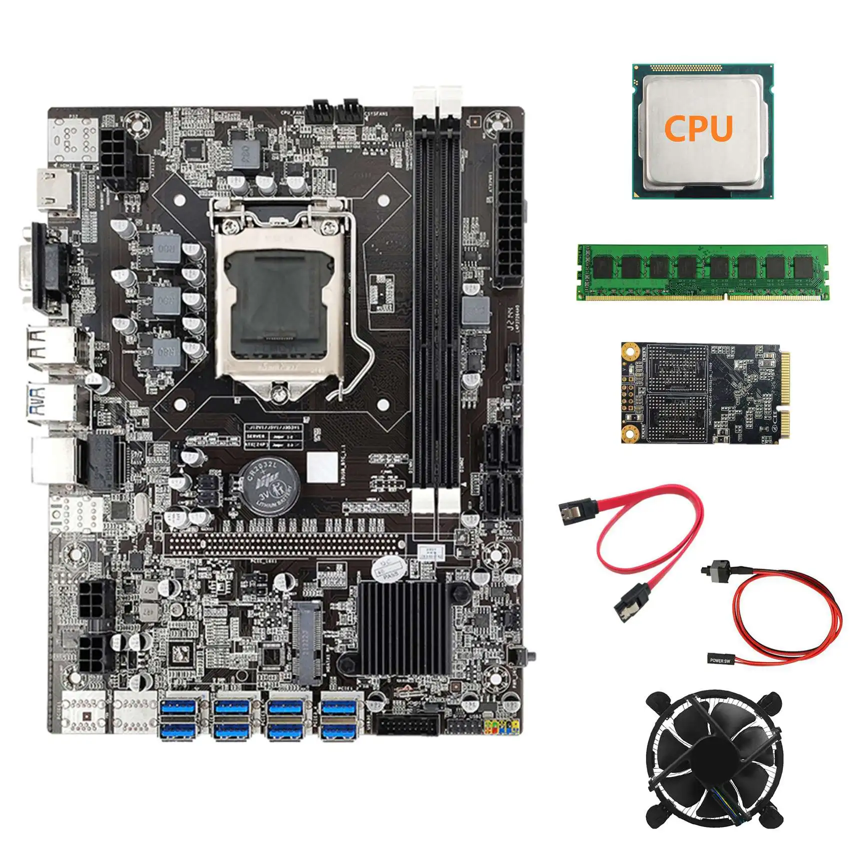 B75 BTC Mining Motherboard+CPU+Fan+DDR3 4GB 1600Mhz RAM+128G SSD+SATA Cable+Switch Cable LGA1155 8XPCIE to USB Board