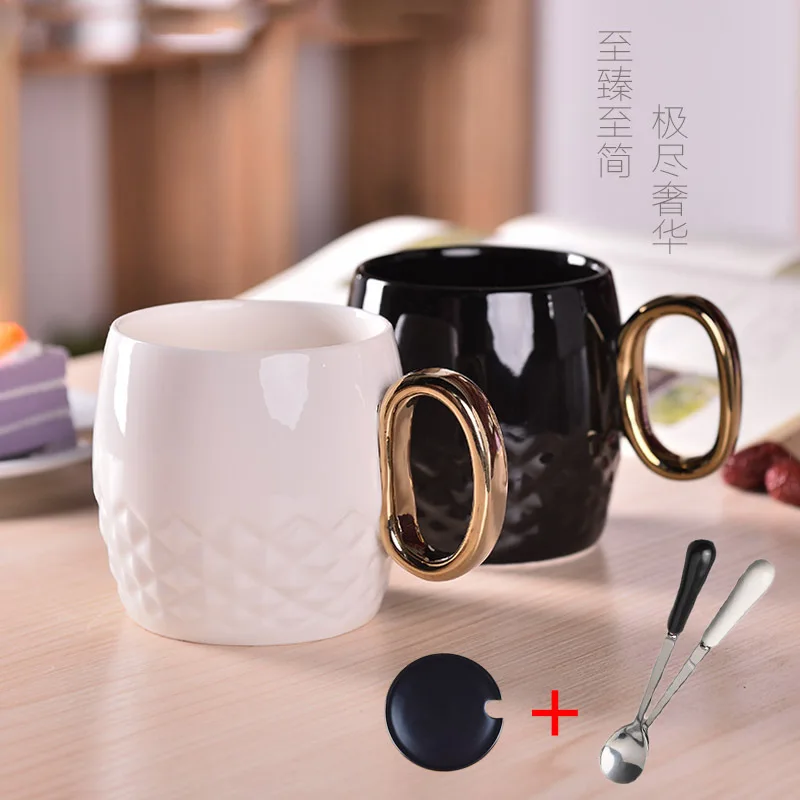 

Ceramic Cup Large Capacity Office Couple Water Cup with Spoon Cover Mug Coffee Cup Gold Handle Tumbler Mugs Coffee Cups