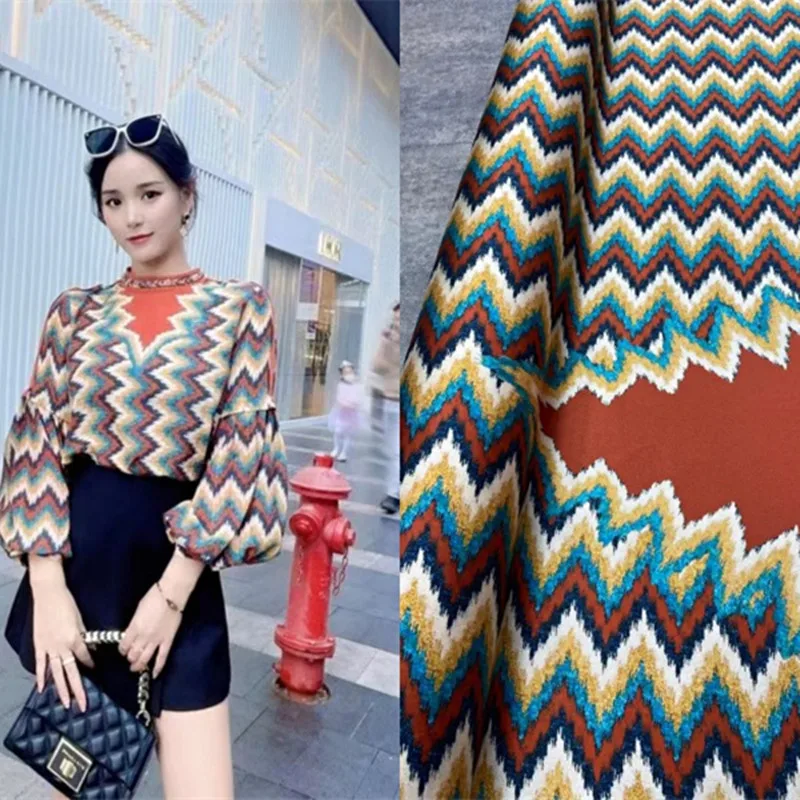 

New Colorful Wavy Print Twill Silk Fabric Positioning Shirt Dress Mulberry Silk Satin Fabric Sewing Designer Dress Charmeuse Div