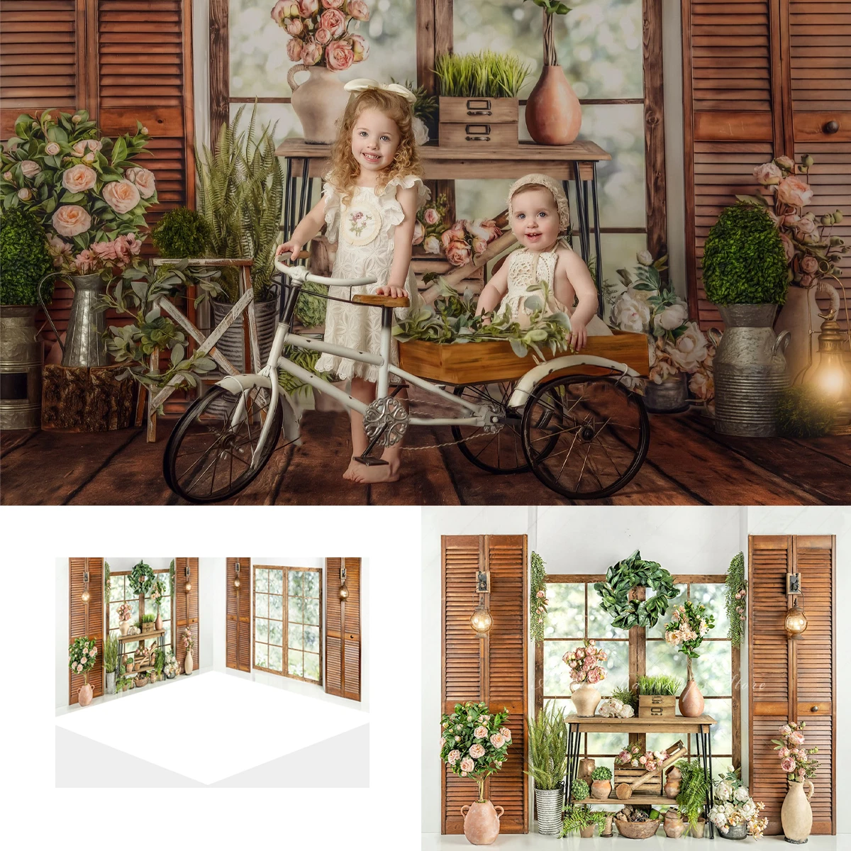 

Фон для фотосъемки детей и взрослых с изображением деревянного дома и цветов