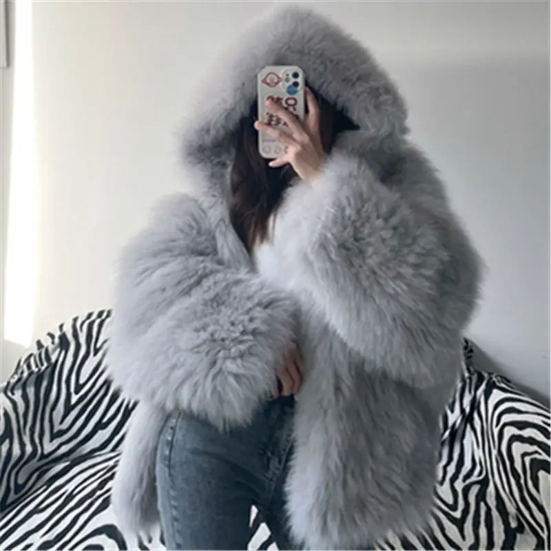2022 Winter Faux Fur Coat Shaggy Hairy Thick Warm Soft Faux Fur Jacket Women with Hood Bat Sleeved Loose Casual Designer Clothes