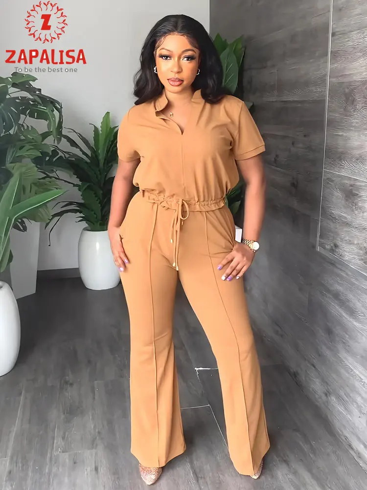 

Solid Color Casual 2 Piece Set for Women Drawstring Design Pocket Decor V-Neck Short Sleeve Top+Elastic Waist Flare Long Pants