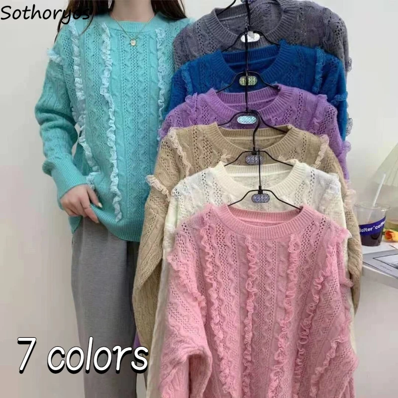 

Pullovers Women 7 Colors Lace Stylish All-match Basic Pure Retro Sweet Casual Minimalist Korean Style Students Sweaters Loose