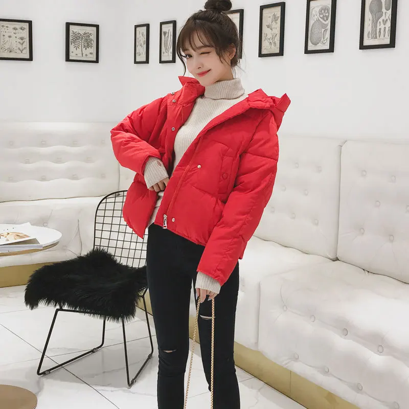 Winter Cotton Coats Korean Casual Overcoat Female New Loose Hooded Short Parkas Mujer Harajuku Coat Jacket Women Oversized White