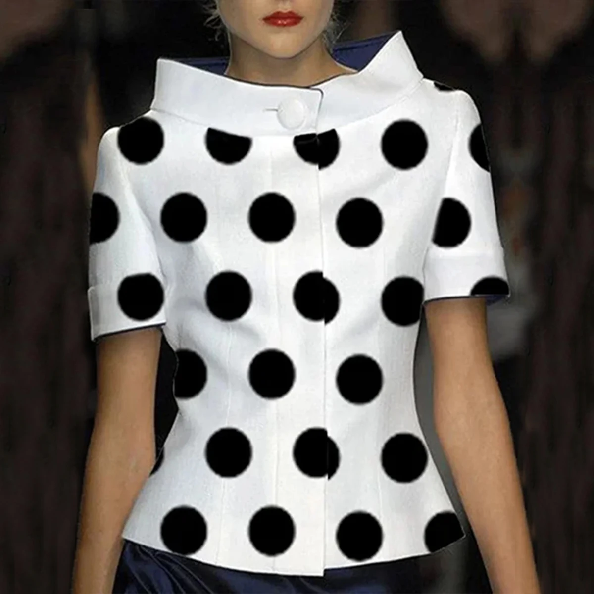 

2022 New Fashion Elegant Stylish White Polka-Dot Stand Collar Short Sleeves Turtleneck Casual Blouse Top For Women