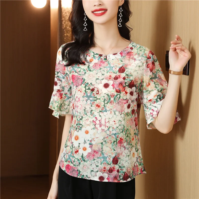 

Хлопковая женская футболка, летний Свободный Топ с цветочным принтом, футболки с коротким рукавом и круглым вырезом, модная женская одежда