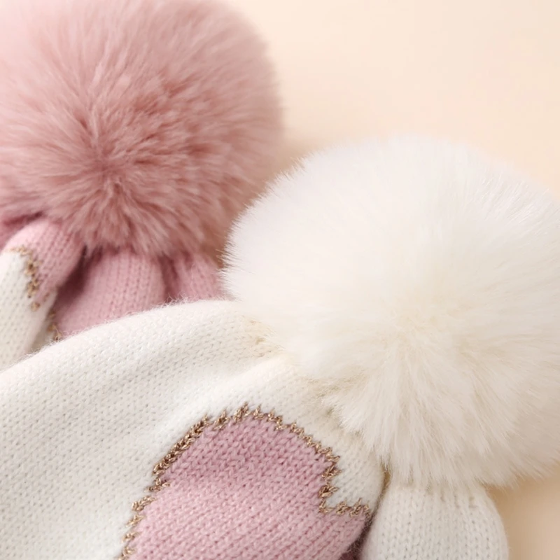 

Knitted Hat Kids Winter Soft Baby Bonnet Cap BigPompom Embroidered Heart Hat