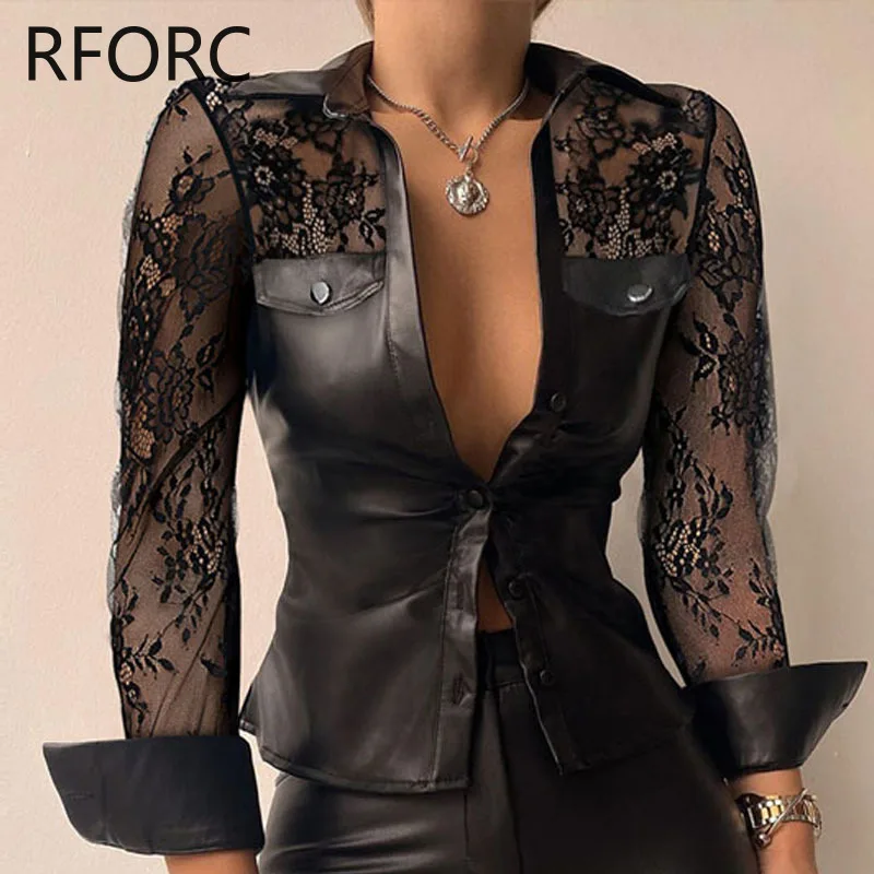 Женская блузка из искусственной кожи с отложным воротником