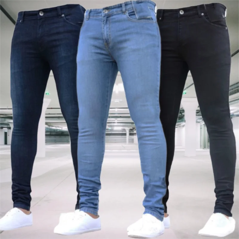 Men's Jeans Stretch Slim Fit Trousers Streetwear Colthing Classical Casual Pants Skinny Zipper Denim Designer Clothes Black Blue