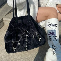 fashion harajuku y2k plush shoulder bag gothic skull chain tote bag girls furry cross clip handbag ladies large underarm bag