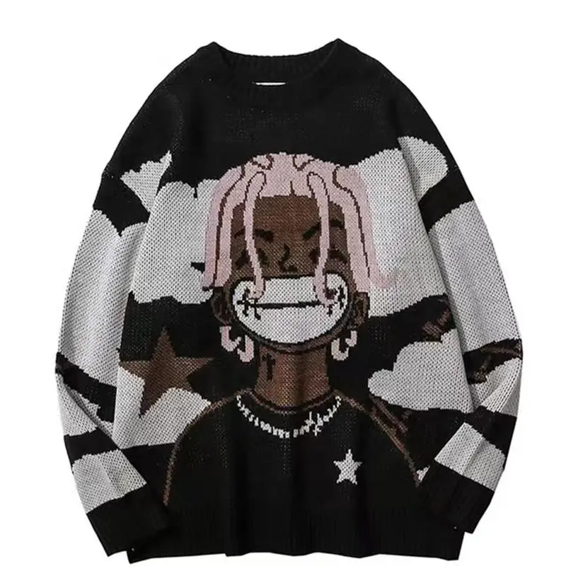 

2023 Harajuku Vintage Cartoon Anime Knitted Sweater Men Winter Oversized Men's Hip Hop Rap Pullover Women Jumper Ugly Sweater