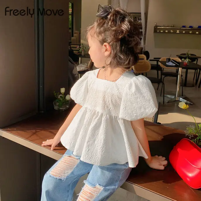 

Freely Move Girls Puff Sleeved Baby Shirt Toddler Girl Backless With Bowknot Children Clothes Clothes for Toddler Girls Blouse