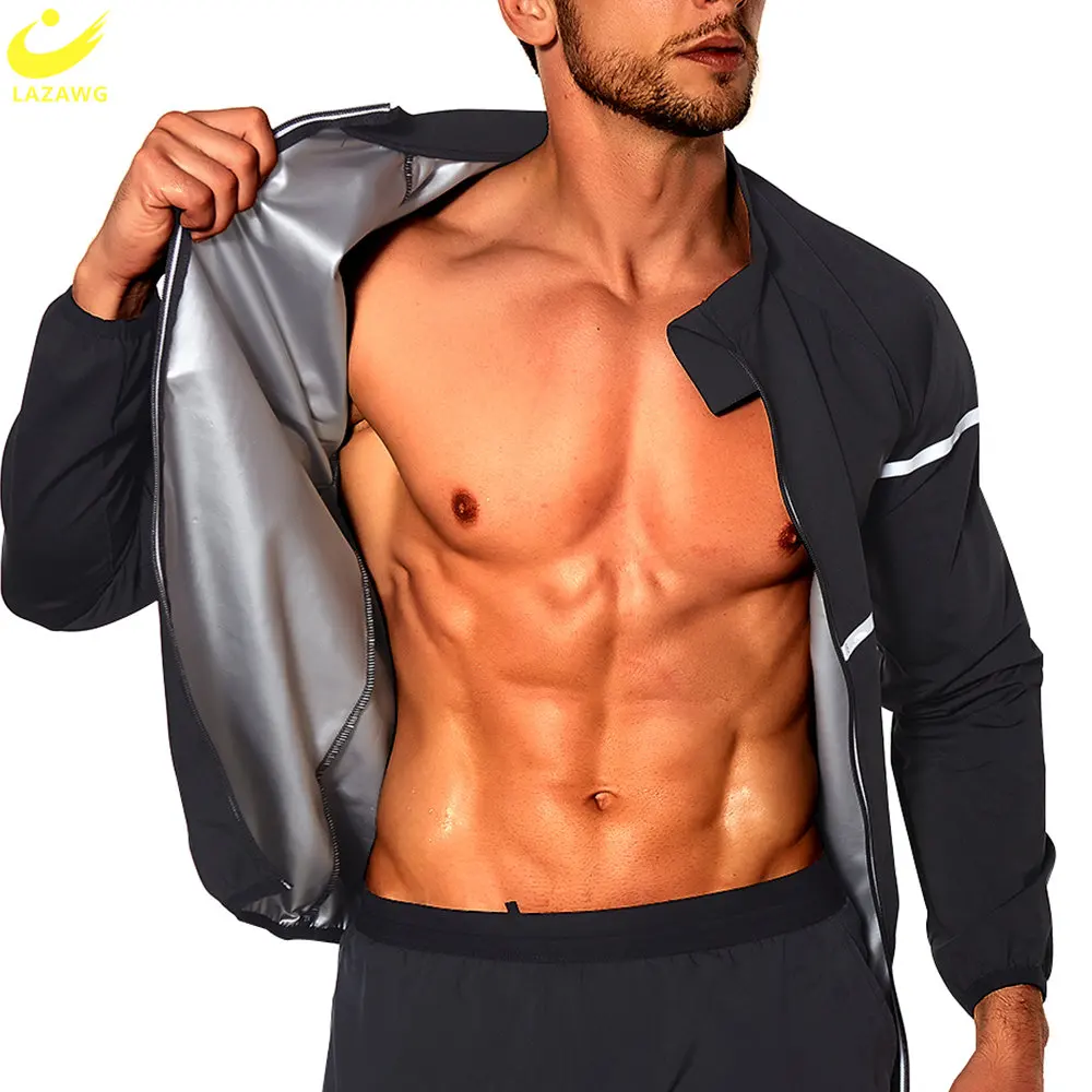 LAZAWG Men Sauna Jacket for Slimming Long Sleeve Sweat Top Full Body Weight Loss Body Shaper Zipper Sportwear Fitness Gym