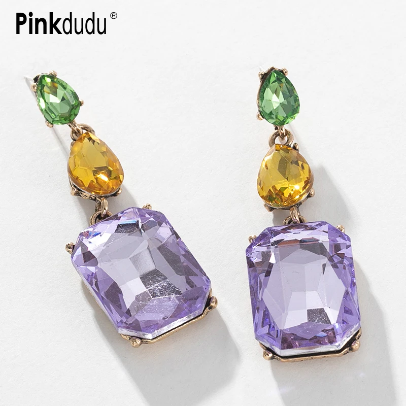 

Pinkdudu New Fashion Geometric Cube Glass Water Drop Earrings Boho Color Alloy Earrings for Women Jewelry Gifts PD712