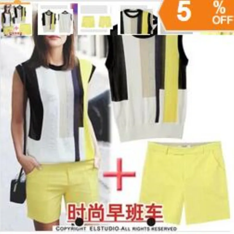 

INBOX Yellow 2 Pieces Sets Women Suits Thin Knit Stripe Top Casual Summer Sleeveless T Shirt Suit Female