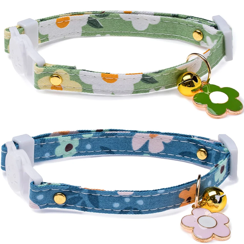 

Cotton Breakaway Cat Collars with Bell Flower Charms Green Blue Cat Collar for Female Girl Cats Male Boy Cats