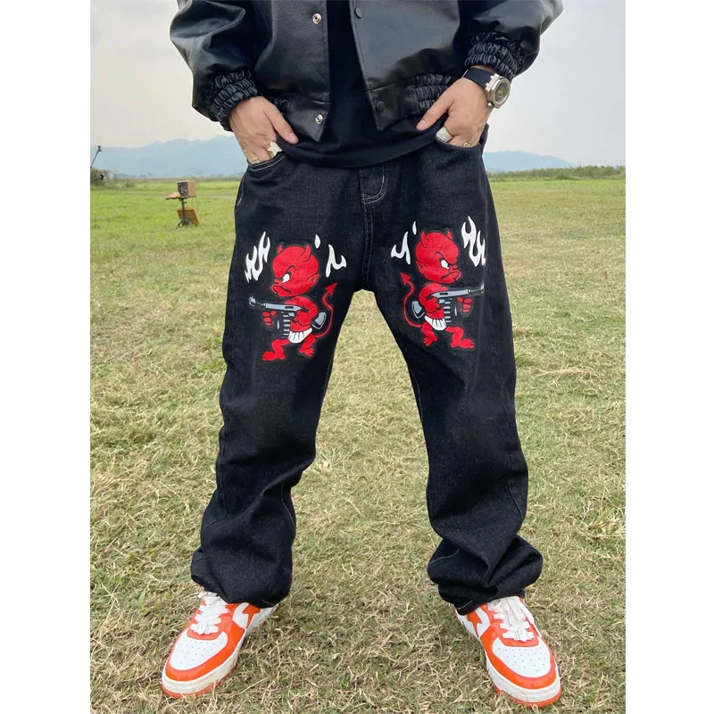 Y2K Clothes Men Women Baggy Printed Straight Denim Washed Trousers Ripped Baggy Wide Leg Jean Pants Streetwear Clothes Korean