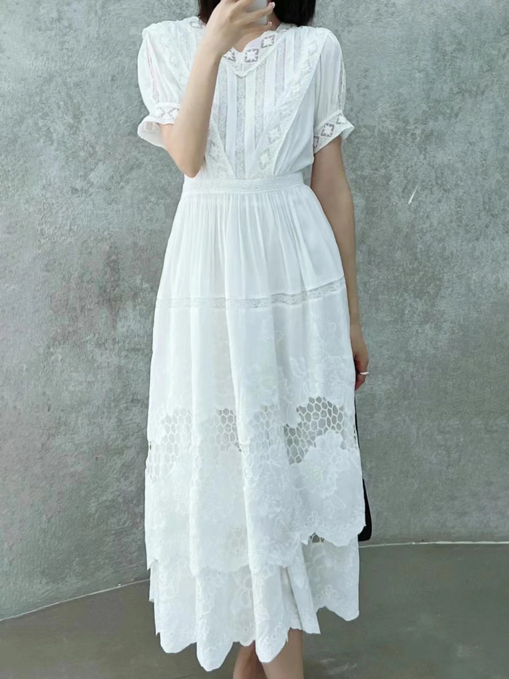 

Jastie Embroidered French Hollow Midi Dresses 2022 V-neck Short Sleeves High Waist Dress Women Boho Beach Holiday Casual Dresses