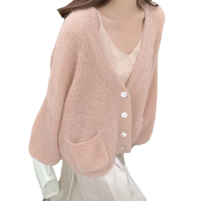 

2022 Spring and Autumn Gentle Wind Knitted Cardigan Womens Loose Off-the-Shoulder Sweater Coat V-neck Sweaters for Women