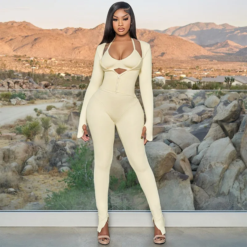 

2023 Women Autumn Solid Slim 3 Piece Sets Lace Up Bra Full Sleeve Zipper Jackets Top High Waist Skinny Pants Yoga Tracksuits