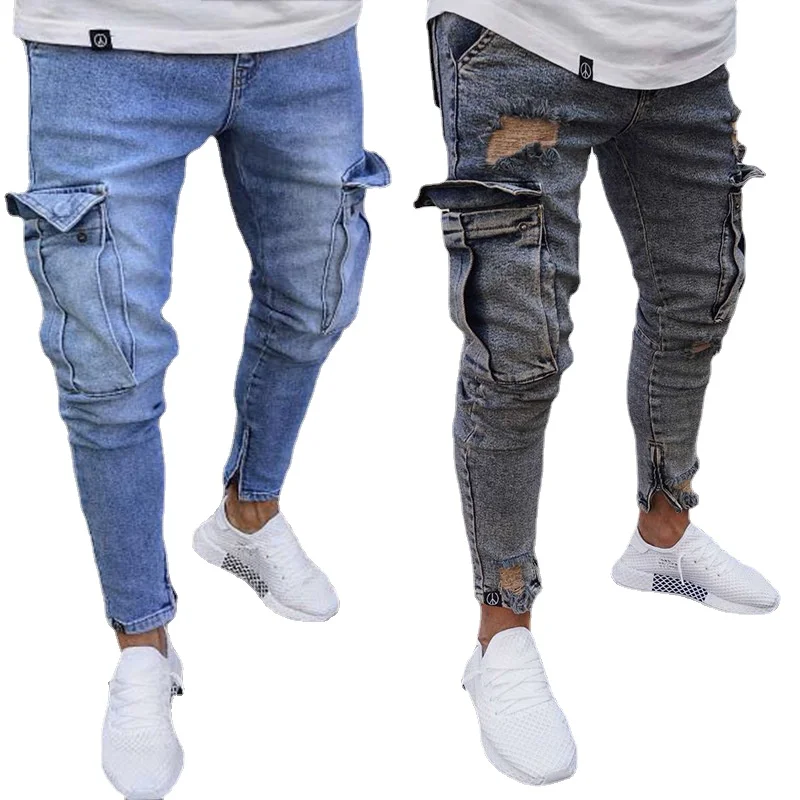 Y2k Spring Autumn Men's Micro-elastic Jeans Trend Knee Torn Zipper Small Foot Pants Mid-waist Straight Leg Pants Double Pocket